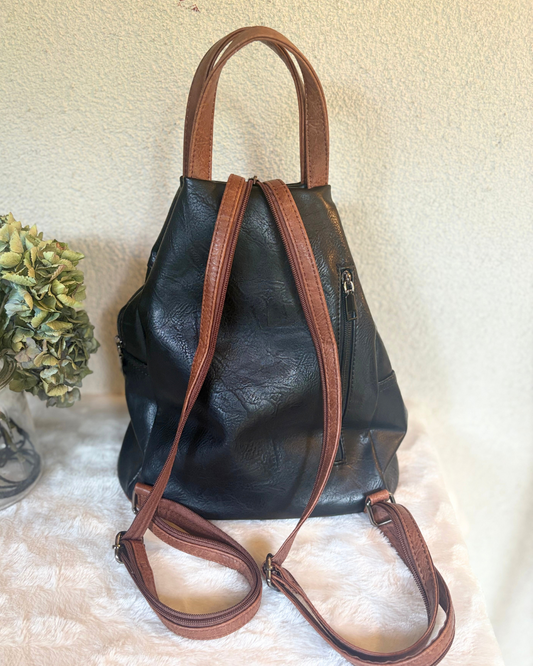 2-in-1 Rucksack & Handtasche – Schwarz/Cognac