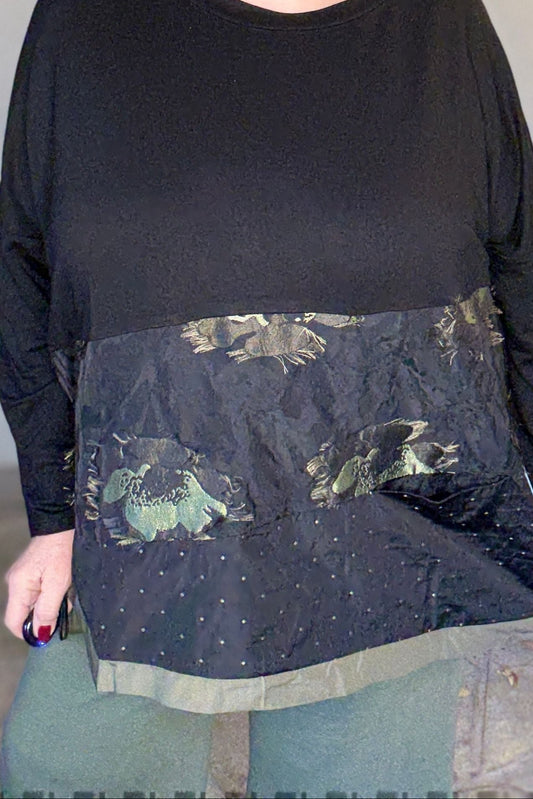 Luukaa Oberteil mit Print-Panel – Schwarz & Khaki