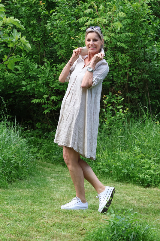 FRESH - Leinenkleider - grün - beige - taupe