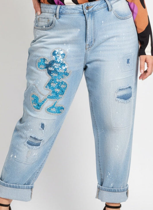 lässige Patch-Jeans mit Mickey & Used-Look – Boyfriend Fit