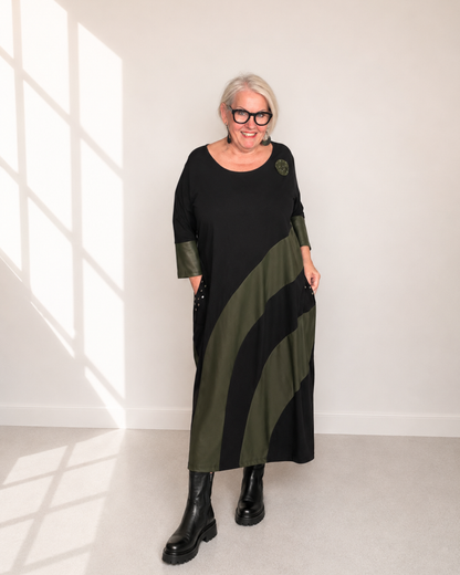 Kleid URBINO - Schwarz mit Khaki Lederoptik