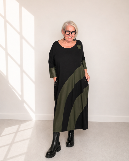 Kleid URBINO - Schwarz mit Khaki Lederoptik