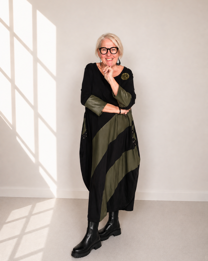 Kleid URBINO - Schwarz mit Khaki Lederoptik