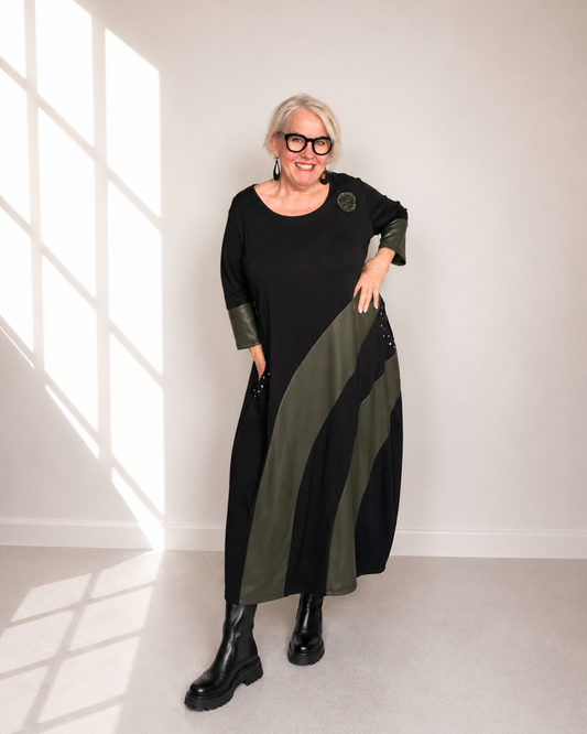 Kleid URBINO - Schwarz mit Khaki Lederoptik