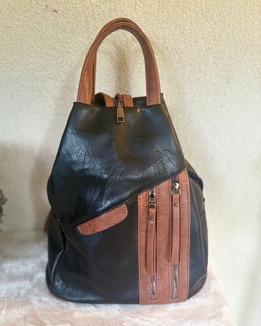 2-in-1 Rucksack & Handtasche – Schwarz/Cognac