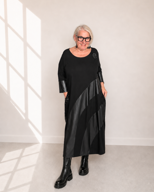 Kleid URBINO - Schwarz mit Schwarzer Lederoptik