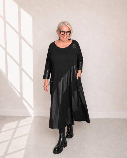 Kleid URBINO - Schwarz mit Schwarzer Lederoptik