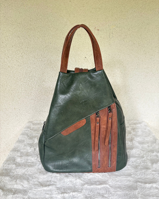 2-in-1 Rucksack & Handtasche – Grün/Cognac