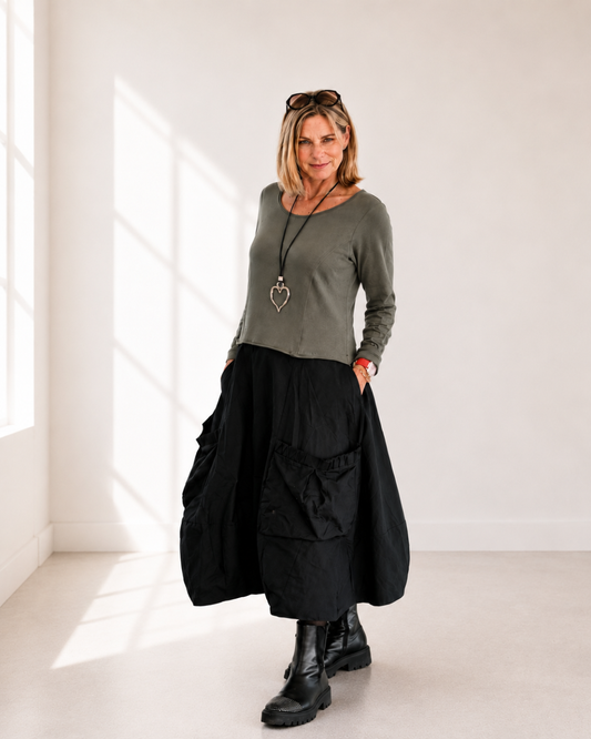 Kleid PADOVA - Schwarz trifft Oliv