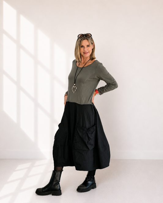 Kleid PADOVA - Schwarz trifft Oliv