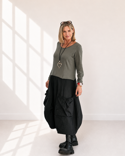 Kleid PADOVA - Schwarz trifft Oliv