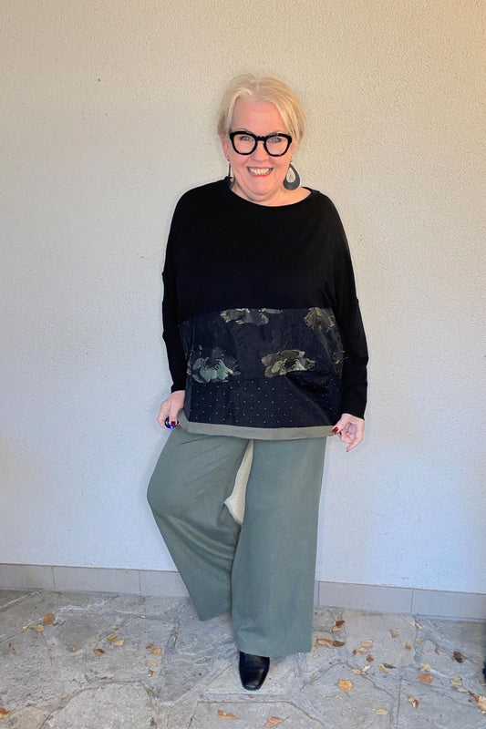 Luukaa Oberteil mit Print-Panel – Schwarz & Khaki