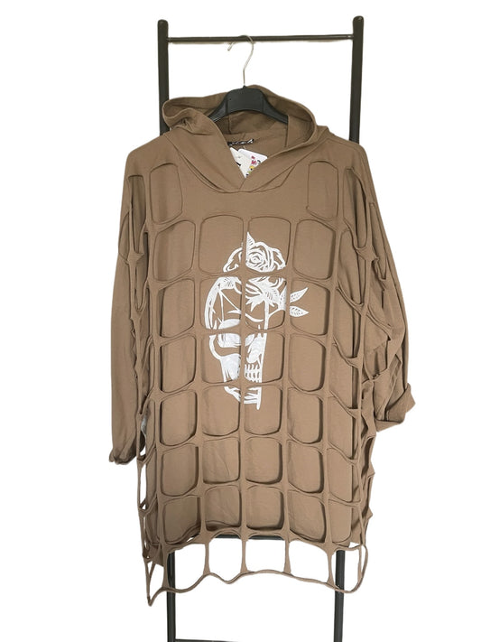 Hoodie „Skull" mit Cut-Out-Netz – Camel