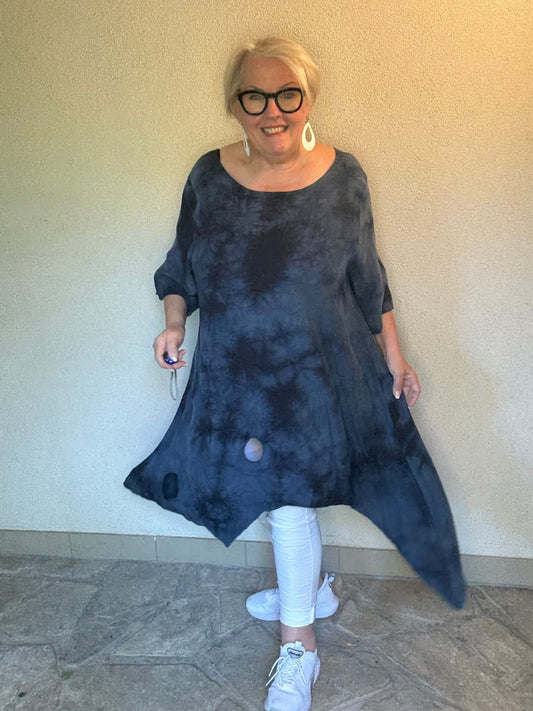 LEINEN-Tunika in batik-blau