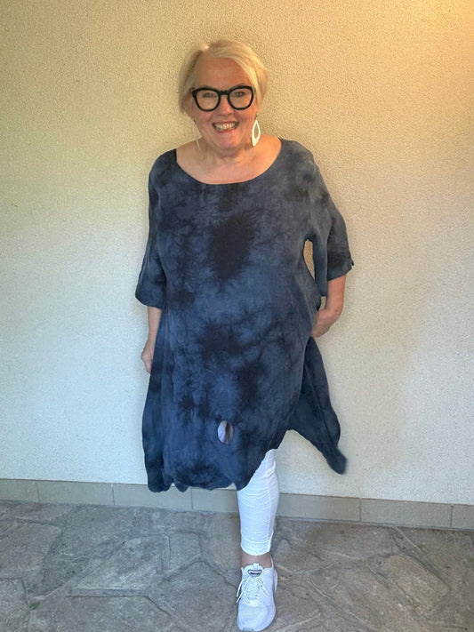LEINEN-Tunika in batik-blau